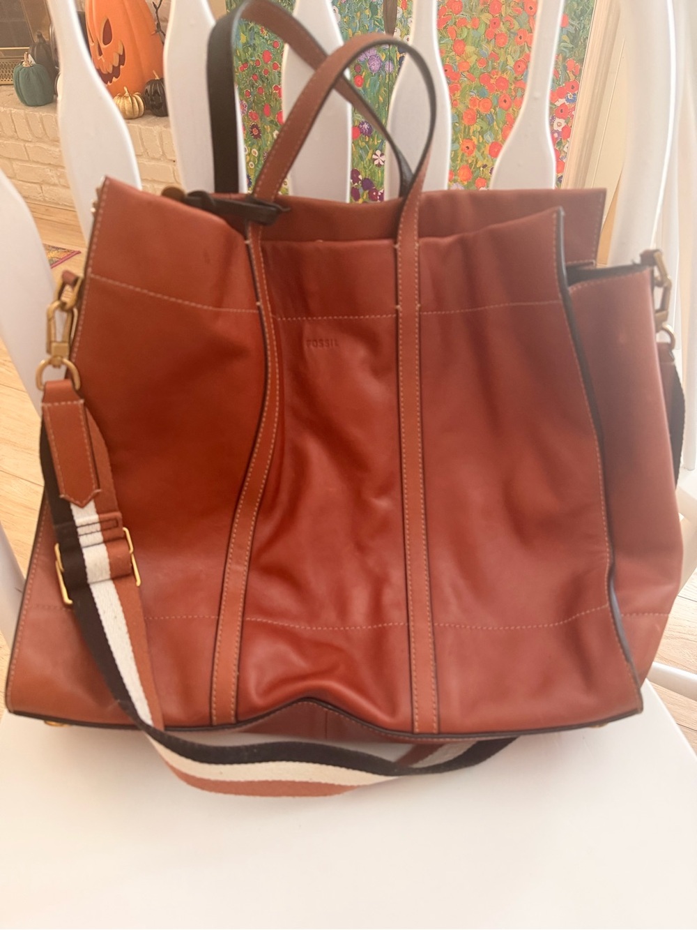 Fossil Tan Leather Tote with Striped Strap